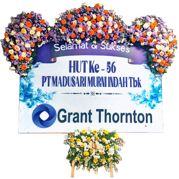 bunga papan malang Jombang Mojokerto selamat dan sukses hut ke 56 madusari tema putih biru ungu harga 1 juta