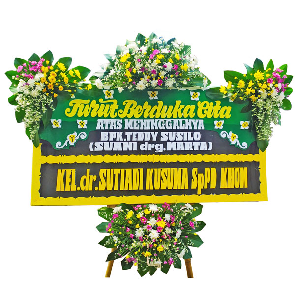 bunga papan cirebon murah ucapan turut berduka cita atas meninggalnya suami keluarga dokter tema hijau harga 650 ribu