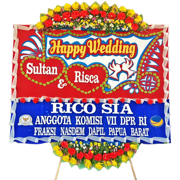 bunga papan makasar murah ucapan happy wedding tema merah biru anggota komisi dpr harga 1 juta 500 ribu