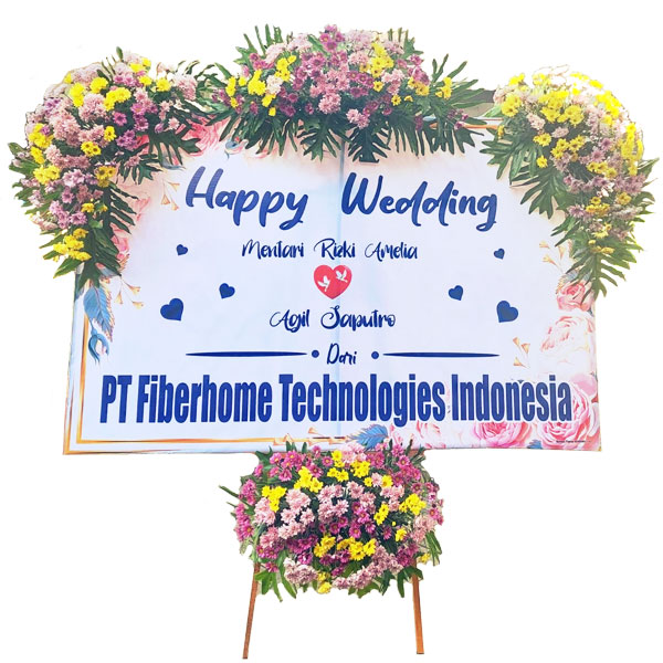 bunga papan pasuruan murah ucapan happy wedding selamat menempuh hidup baru tema putih biru fiberhome technologies harga satu juta 500 ribu