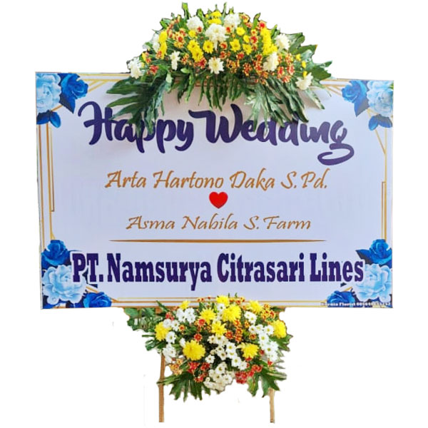 bunga papan pasuruan murah ucapan happy wedding tema putih biru namsuraya citrasari lines harga 750 ribu